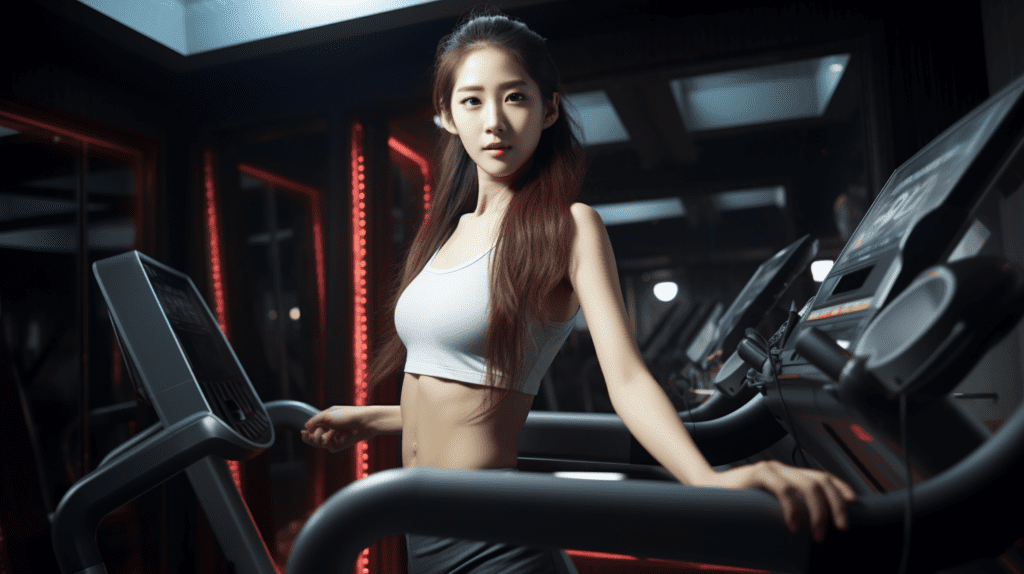 헬스장 런닝머신에서 운동을 시작할려는 초보자의 모습
