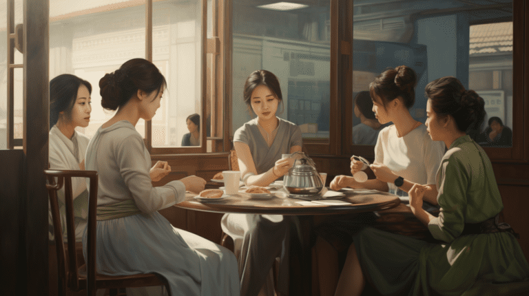 40대 갱년기 여성들이 모여서 영양제에 대해서 이야기하는 모습 그림