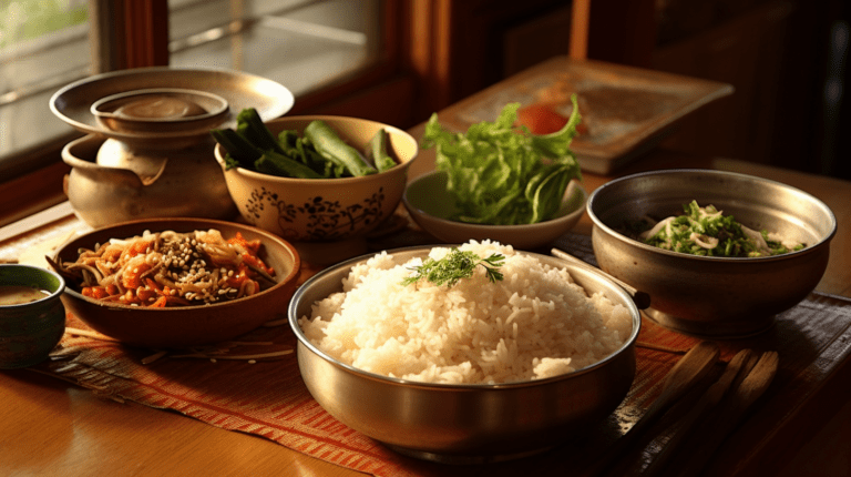 당뇨 전단계 한국인의 나물 위주의 식단으로 음식을 차인 그림