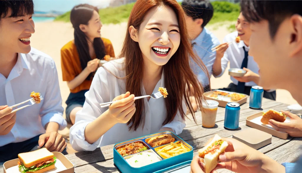 효민씨가 친구들과 사이좋게 도시락을 먹는 장면 : 식중동 예방